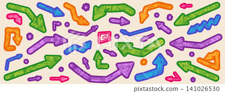 Sticker arrow and bold playful paper cutout for annotation collage element. Pink purple green and orange shape with cream outline on beige bg. Vector sticker arrow set for childish and banner design Sticker arrow and bold playful paper cutout for annotation collage element. Pink purple green and orange shape with cream outline on beige bg. Vector sticker arrow set for childish and banner design 141026530