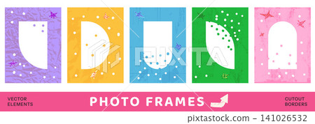 Playful photo frames with confetti border and arch cutout window. Colorful crumpled paper texture in purple, yellow, blue and green. Vector frame set for kindergarten poster or playful school design Playful photo frames with confetti border and arch cutout window. Colorful crumpled paper texture in purple, yellow, blue and green. Vector frame set for kindergarten poster or playful school design 141026532