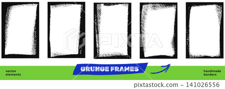 Rough grunge frame set with grainy spray texture and noisy punk edges. Bold grunge border and paint frame on white as urban backdrop. Vector airbrush elements isolated for raw band merch or promo bg Rough grunge frame set with grainy spray texture and noisy punk edges. Bold grunge border and paint frame on white as urban backdrop. Vector airbrush elements isolated for raw band merch or promo bg 141026556