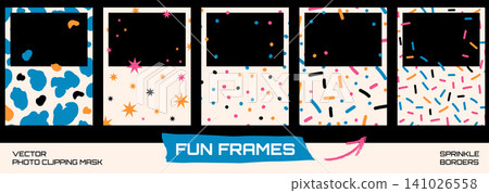 Party photo frames with confetti cutout border for birthday card. Fun sprinkle, star and dot pattern on paper with scattered spots. Vector frame set for kids party journal and planner decoration Party photo frames with confetti cutout border for birthday card. Fun sprinkle, star and dot pattern on paper with scattered spots. Vector frame set for kids party journal and planner decoration 141026558