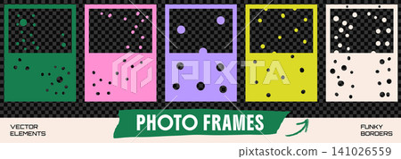 Photo frames with circle cutout collage and confetti hole border. Funky paper set in green, pink, purple and yellow with dots. Vector cutout frames on dark checkered background as transparent png Photo frames with circle cutout collage and confetti hole border. Funky paper set in green, pink, purple and yellow with dots. Vector cutout frames on dark checkered background as transparent png 141026559
