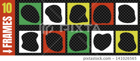 Organic square frame with bold border for music album podcast cover. Squishy blob shapes and irregular outline on green white red. Vector undulated frames with checkered background as transparent png Organic square frame with bold border for music album podcast cover. Squishy blob shapes and irregular outline on green white red. Vector undulated frames with checkered background as transparent png 141026565
