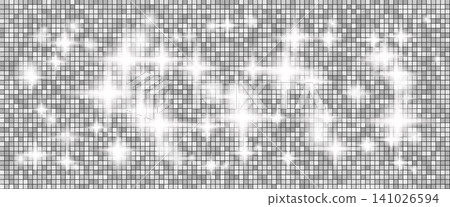 Disco ball with spark and silver sequin on glam dance floor for night club poster. Shiny grey mosaic tile grid wallpaper with glitter, disco ball shimmer. Vector Christmas 90s vibe pattern template Disco ball with spark and silver sequin on glam dance floor for night club poster. Shiny grey mosaic tile grid wallpaper with glitter, disco ball shimmer. Vector Christmas 90s vibe pattern template 141026594