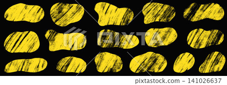 Bold textured irregular shapes with rough organic brush paint blobs and crayon spots. Wild rough irregular set with hand drawn doodle texture for poster. Vector yellow gritty blob elements on dark bg Bold textured irregular shapes with rough organic brush paint blobs and crayon spots. Wild rough irregular set with hand drawn doodle texture for poster. Vector yellow gritty blob elements on dark bg 141026637