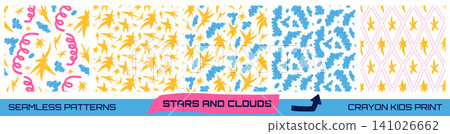 Kid party seamless patterns. Hand drawn crayon star and confetti shapes with scribbled clouds for birthday decor. Birthday sprinkles and confetti dots print. Seamless vector pattern for festive promo Kid party seamless patterns. Hand drawn crayon star and confetti shapes with scribbled clouds for birthday decor. Birthday sprinkles and confetti dots print. Seamless vector pattern for festive promo 141026662