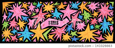 Funky kid star cutout shapes in colorful torn paper for cheerful scrapbook. Bright collage sparks doodles and playful bits on a journal set. Vector star cutout collection isolated for school notebook Funky kid star cutout shapes in colorful torn paper for cheerful scrapbook. Bright collage sparks doodles and playful bits on a journal set. Vector star cutout collection isolated for school notebook 141026663