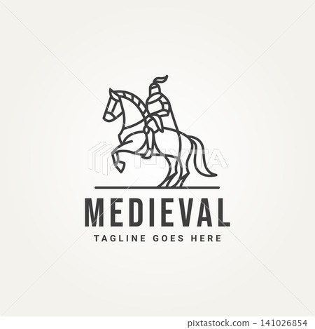 minimalist medieval knight line art icon logo template vector illustration design. simple modern knight with horse logo concept 141026854