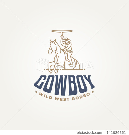 minimalist cowboy wild west rodeo line art icon logo template vector illustration design. simple modern american cowboy riding horse and throwing lasso logo concept 141026861