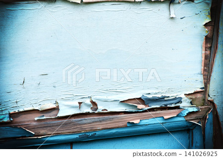 Peeling, paint and wall with wood outdoor of house with damage on old siding from age or weather. Ancient, wallpaper and closeup on texture of building with blue, color and home renovation project Peeling, paint and wall with wood outdoor of house with damage on old siding from age or weather. Ancient, wallpaper and closeup on texture of building with blue, color and home renovation project 141026925