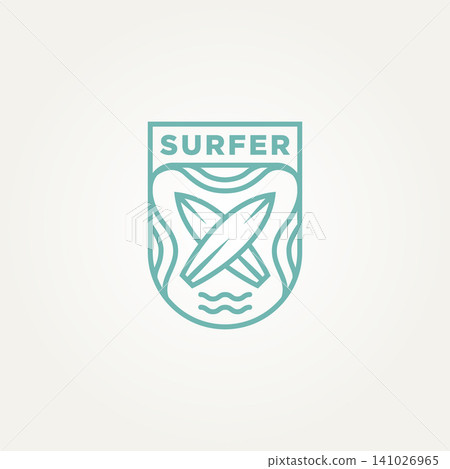 surfing minimalist line art badge logo template vector illustration design. simple modern surfer, water sport, surfboard emblem logo concept 141026965