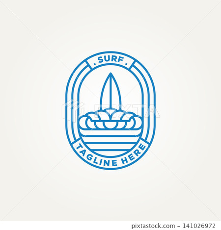 surfing minimalist line art badge logo template vector illustration design. simple modern surfer, water sport, surfboard emblem logo concept 141026972