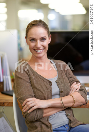 Happy, woman and consultant relax in portrait with arms crossed at call center in crm or customer service. Professional, employee and virtual assistant in technical support with feedback for client Happy, woman and consultant relax in portrait with arms crossed at call center in crm or customer service. Professional, employee and virtual assistant in technical support with feedback for client 141027148