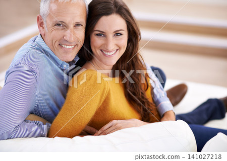 Couple, age difference and happy for love in unique relationship, portrait and support for trust at home. Senior man, young woman and marriage, commitment and loyalty with partner and pride together Couple, age difference and happy for love in unique relationship, portrait and support for trust at home. Senior man, young woman and marriage, commitment and loyalty with partner and pride together 141027218