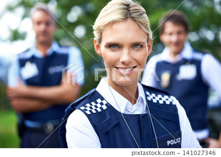 Security, law enforcement and portrait of police woman outdoors for crime, protection and safety service. Teamwork, collaboration and officer with confidence for patrol, justice and surveillance Security, law enforcement and portrait of police woman outdoors for crime, protection and safety service. Teamwork, collaboration and officer with confidence for patrol, justice and surveillance 141027346