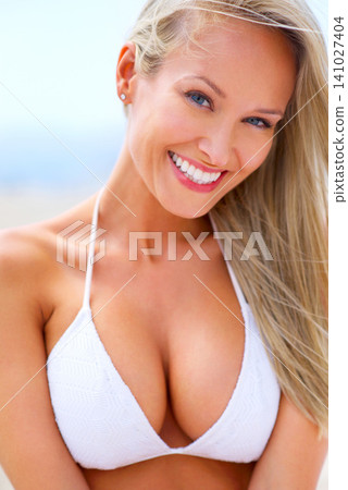 Woman, smile in portrait and bikini at beach for travel, happy outdoor and summer vacation in Australia. Nature, fresh air and adventure on tropical island for holiday and break with swimsuit Woman, smile in portrait and bikini at beach for travel, happy outdoor and summer vacation in Australia. Nature, fresh air and adventure on tropical island for holiday and break with swimsuit 141027404