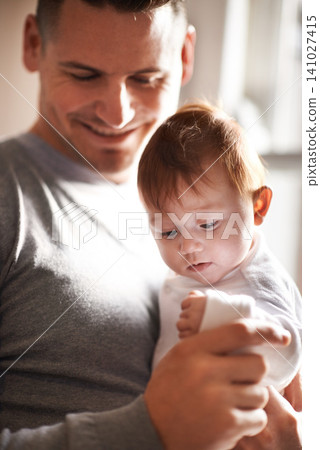 Happy, love or father and baby in a house with care, trust and child development, support or bonding. Family, security and dad with kid at home for learning, safety or morning games with gratitude Happy, love or father and baby in a house with care, trust and child development, support or bonding. Family, security and dad with kid at home for learning, safety or morning games with gratitude 141027415