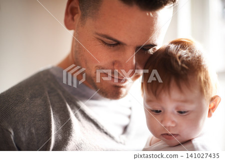 Peace, love or father and baby in a house with care, trust and child development, support or bonding. Family, security and dad with kid at home for learning, safety or morning games with gratitude Peace, love or father and baby in a house with care, trust and child development, support or bonding. Family, security and dad with kid at home for learning, safety or morning games with gratitude 141027435