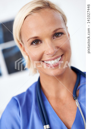 Face, nurse and xray in hospital for healthcare service, research and planning with happy results or exam. Portrait of woman in medical career with film sheet in radiology for health and solution Face, nurse and xray in hospital for healthcare service, research and planning with happy results or exam. Portrait of woman in medical career with film sheet in radiology for health and solution 141027446