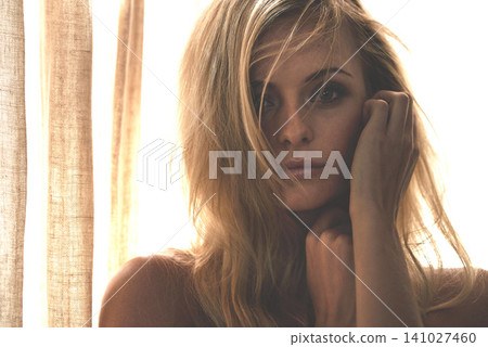 Beauty, portrait and confident woman in bedroom for skincare, skin glow and shine in home. Aesthetic, makeup and beautiful female person for facial cosmetics, dermatology or glamour in apartment 141027460