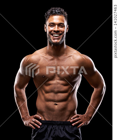 Fitness, portrait and man in studio with happy smile, confidence and workout routine in health, wellness and power. Muscle, pride and strong athlete on black background for exercise, results and care 141027463
