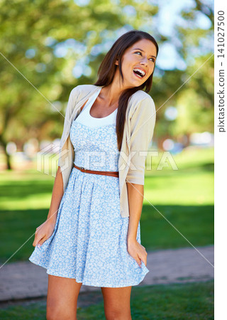 Girl, laugh or thinking of spring, fashion or designer boutique couture as trendy outfit in garden. Smile, woman or planning as vision, idea or memory of stylish, casual or clothing to relax or play 141027500