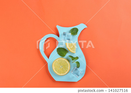 Creative lemonade layout with lemon slices, mint and ice cubes on coral background, top view Creative lemonade layout with lemon slices, mint and ice cubes on coral background, top view 141027516