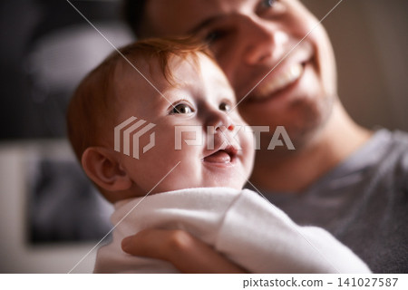 Father, baby and laughing in a new home with smile and relax of a newborn with dad together. Love, support and care in a family house with development, bonding and happy with trust and proud of kid Father, baby and laughing in a new home with smile and relax of a newborn with dad together. Love, support and care in a family house with development, bonding and happy with trust and proud of kid 141027587