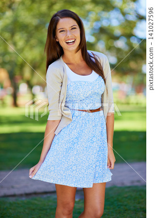 Portrait, woman or playful in spring, fashion or stylish as casual, outfit or fresh air to relax. Happy, girl or trendy clothing in park on sunny day in boutique designer couture as leisure wear Portrait, woman or playful in spring, fashion or stylish as casual, outfit or fresh air to relax. Happy, girl or trendy clothing in park on sunny day in boutique designer couture as leisure wear 141027596