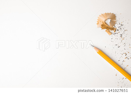 Pencil and shavings on white background, top view Pencil and shavings on white background, top view 141027651