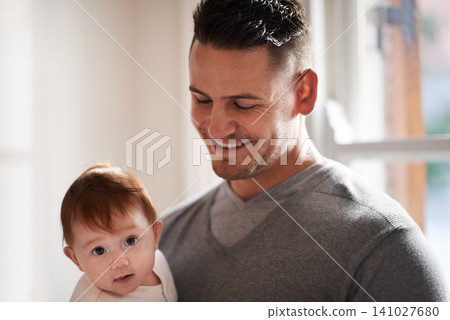 Father, baby and calm in a new home with smile and relax of a newborn with dad together. Love, support and care in a family house with development, bonding and happy with trust and proud of kid Father, baby and calm in a new home with smile and relax of a newborn with dad together. Love, support and care in a family house with development, bonding and happy with trust and proud of kid 141027680
