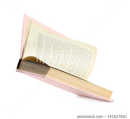 Open old book with pink cover isolated on white Open old book with pink cover isolated on white 141027681
