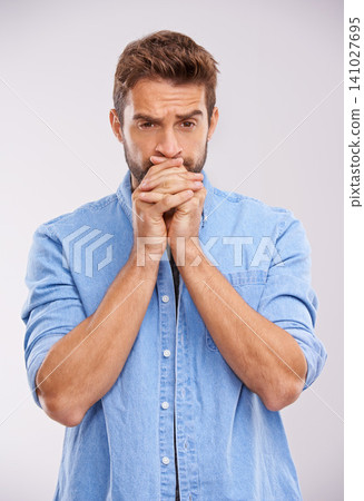 Anxiety, stress and nervous man in studio for results, outcome or suspense gesture on white background. Overwhelmed, worry and male model with panic expression, overthinking or waiting for answer Anxiety, stress and nervous man in studio for results, outcome or suspense gesture on white background. Overwhelmed, worry and male model with panic expression, overthinking or waiting for answer 141027695