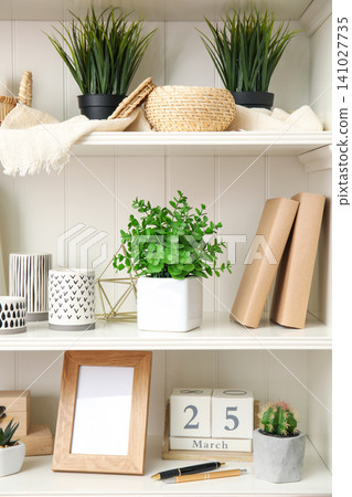 White shelving unit with plants and different decorative stuff White shelving unit with plants and different decorative stuff 141027735
