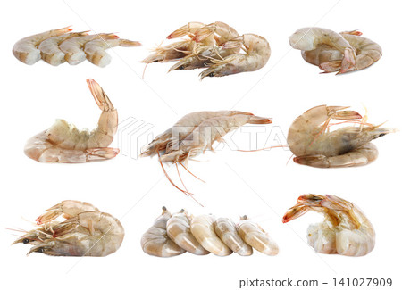 Set of fresh raw shrimps on white background Set of fresh raw shrimps on white background 141027909