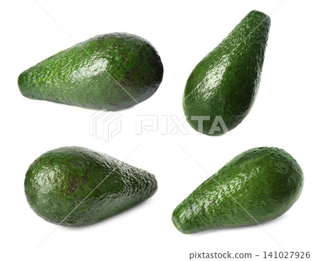 Set of delicious fresh avocados on white background Set of delicious fresh avocados on white background 141027926
