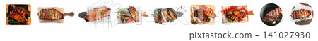 Set of delicious roasted ribs on white background, top view. Banner design Set of delicious roasted ribs on white background, top view. Banner design 141027930