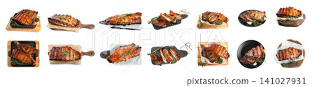Set of delicious roasted ribs on white background. Banner design Set of delicious roasted ribs on white background. Banner design 141027931