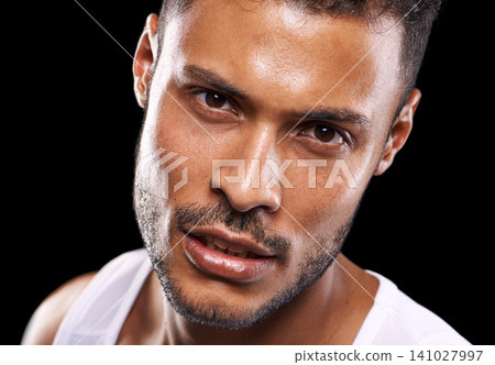 Portrait, sweating and man with fitness, exercise and cardio on a dark studio background. Face, confident person and healthy model with wellness and training with breathing and athlete with practice Portrait, sweating and man with fitness, exercise and cardio on a dark studio background. Face, confident person and healthy model with wellness and training with breathing and athlete with practice 141027997