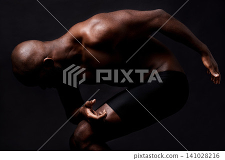 Black man, dancer and fitness with body muscle for fashion, style or art on a dark studio background. African male person, performer or bodybuilder in pose with muscular or masculine figure on mockup 141028216