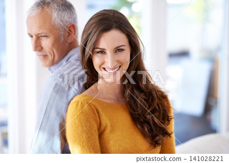 Couple, portrait and smile in home for love with support, trust and comfort in living room of house. Mature man, woman and happy with face for marriage, affection or healthy relationship in apartment Couple, portrait and smile in home for love with support, trust and comfort in living room of house. Mature man, woman and happy with face for marriage, affection or healthy relationship in apartment 141028221