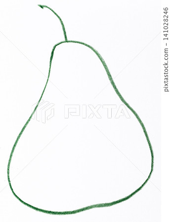 The outline of a pear with a stem, drawn with a green pencil on a white background The outline of a pear with a stem, drawn with a green pencil on a white background 141028246