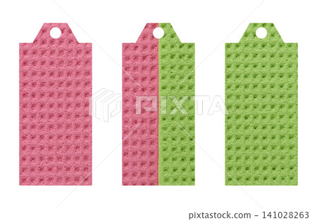 Three tags made of pink and green sponge with a porous texture Three tags made of pink and green sponge with a porous texture 141028263