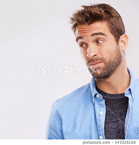 Thinking, confused or man with idea, doubt or stress on white studio background with solution or emoji. Person, model or guy with decision or question with why or emotion with mockup space or wonder Thinking, confused or man with idea, doubt or stress on white studio background with solution or emoji. Person, model or guy with decision or question with why or emotion with mockup space or wonder 141028288