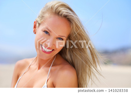 Woman, portrait and smile at outdoor beach, travel and breeze for ocean holiday or summer vacation. Happy female person, wind and sun for weekend trip on sand, relax and confidence in outdoor nature Woman, portrait and smile at outdoor beach, travel and breeze for ocean holiday or summer vacation. Happy female person, wind and sun for weekend trip on sand, relax and confidence in outdoor nature 141028338