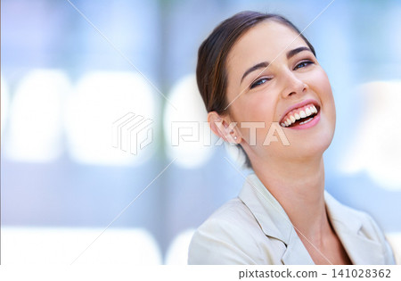 Professional woman, portrait and laughing with confidence for job, career and excited for human resources. Face of business person or employee on blurred background with smile, funny and mockup Professional woman, portrait and laughing with confidence for job, career and excited for human resources. Face of business person or employee on blurred background with smile, funny and mockup 141028362
