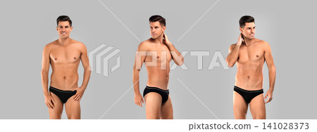 Collage of man in underwear on grey background Collage of man in underwear on grey background 141028373