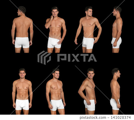 Collage of man in underwear on black background Collage of man in underwear on black background 141028374