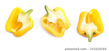 Set of cut ripe yellow bell peppers on white background Set of cut ripe yellow bell peppers on white background 141028384