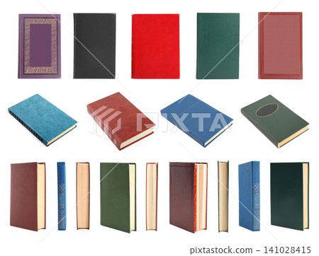 Set of hardcover books on white background Set of hardcover books on white background 141028415