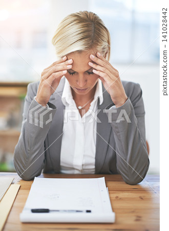 Lawyer, woman and headache in workplace with documents, stress and tired of case investigation. Advocate, attorney and person with burnout, frustrated and fatigue with legal paperwork at law firm Lawyer, woman and headache in workplace with documents, stress and tired of case investigation. Advocate, attorney and person with burnout, frustrated and fatigue with legal paperwork at law firm 141028442